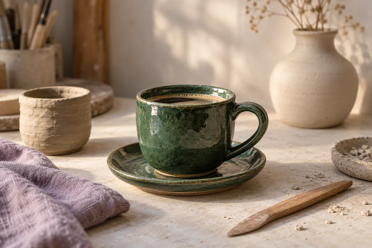 Illustrative green ceramic cup and saucer on a pottery studio workbench