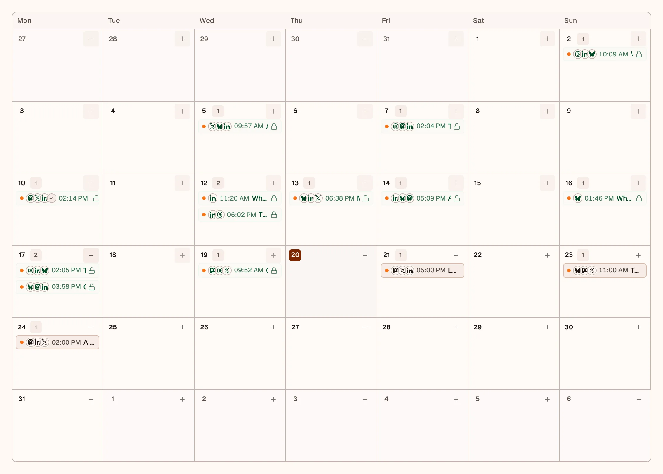 OpenPost calendar showing scheduled publications across channels