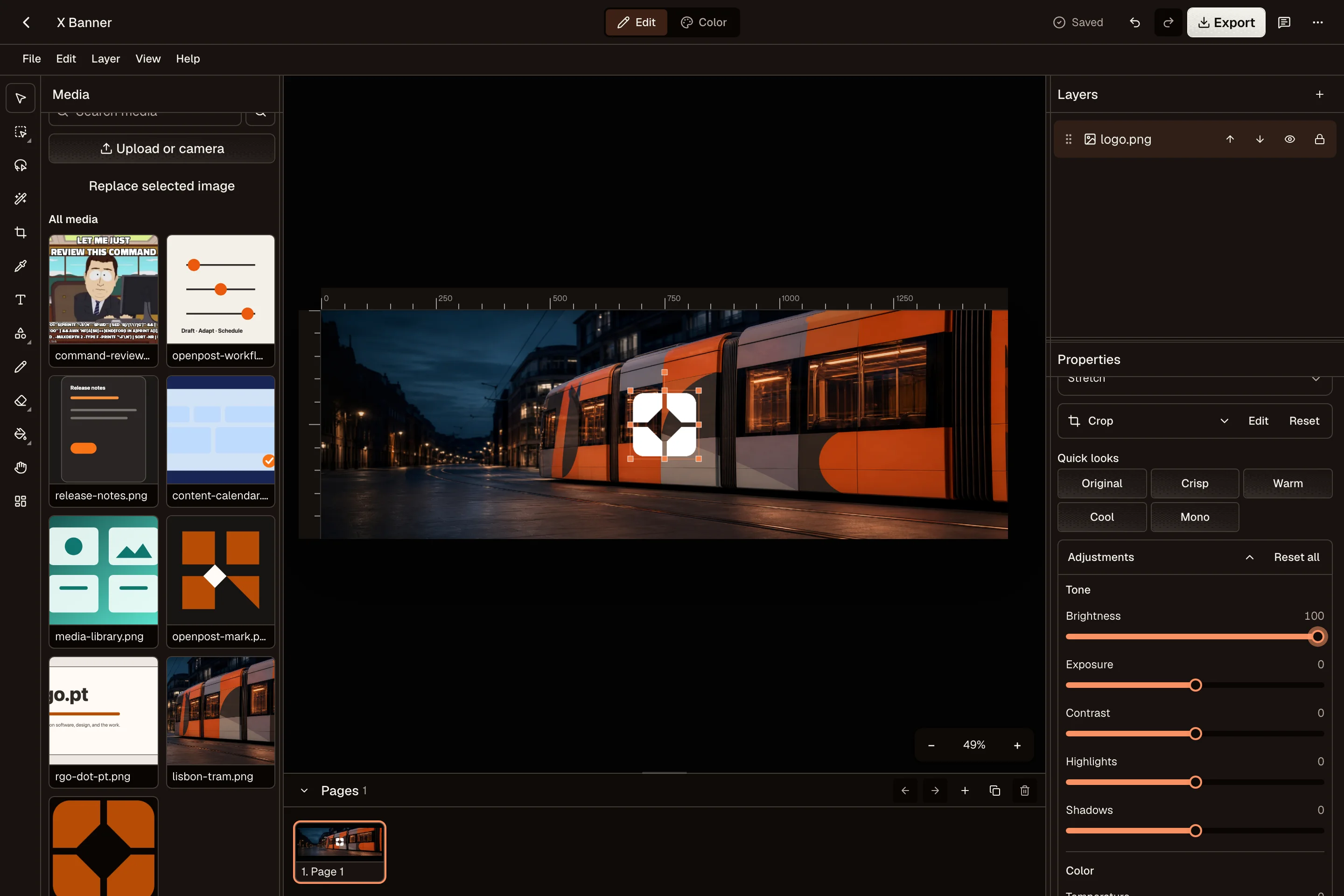 OpenPost Image Editor with the OpenPost logo selected over a Lisbon tram photo